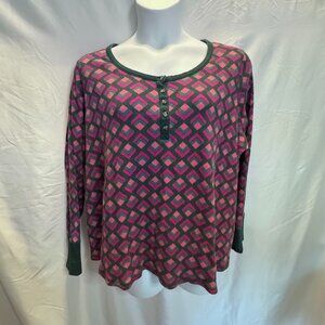 Terra & Sky 3X Plus Size Waffle Knit Henley Top Pink Teal Geometric Long Sleeve